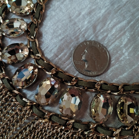 ALDO Brand Antique Brass Chain Topaz Faceted Oval Stones Olive Suede Necklace - Picture 7 of 9